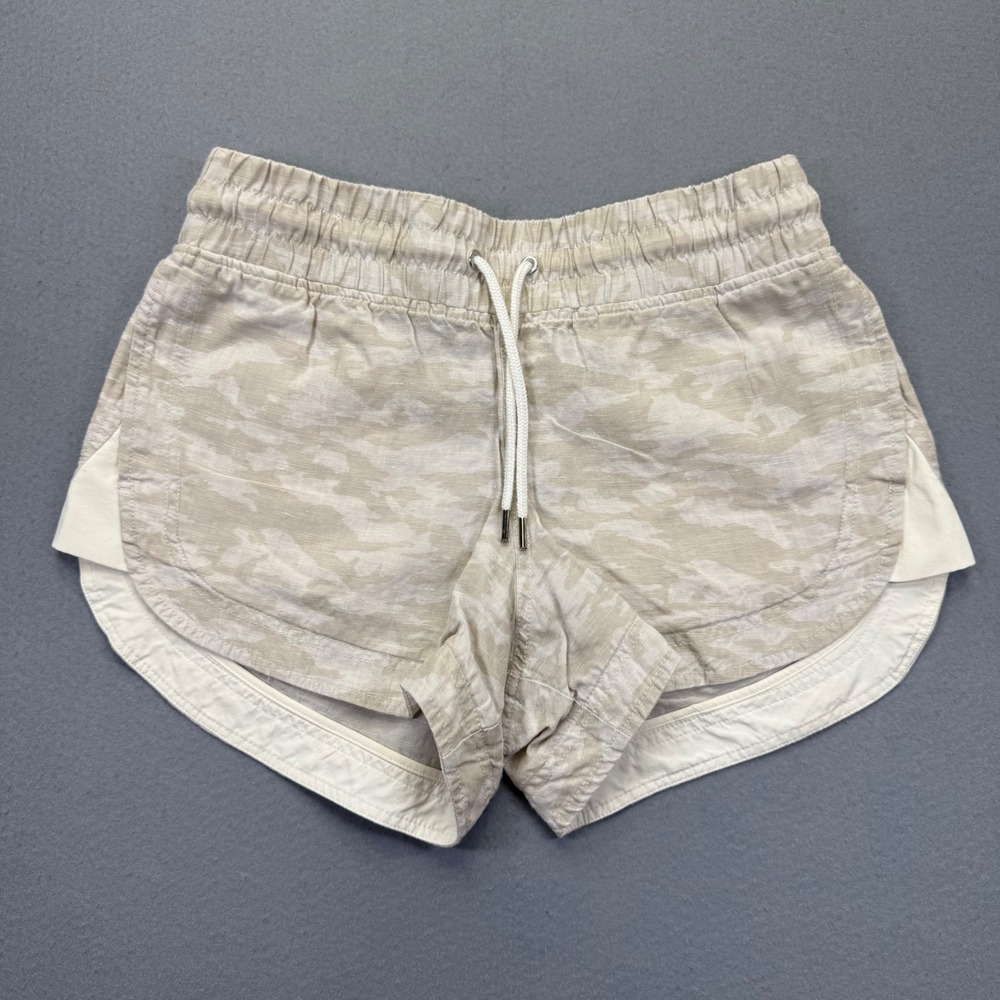 Athleta Cabo Tide Linen Shortie Camo Shorts Beige White 530645 Womens Size 8